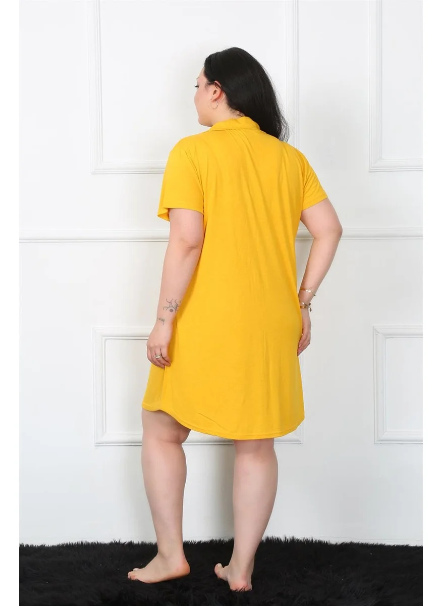 اكبينيز Large Size Combed Cotton Buttoned Yellow Tunic Nightgown 1025