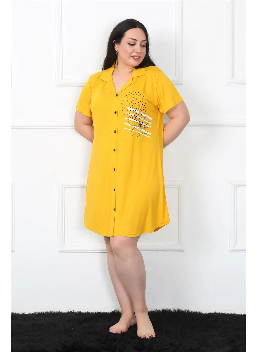 اكبينيز Large Size Combed Cotton Buttoned Yellow Tunic Nightgown 1025