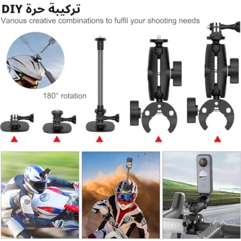 مجموعة أدوات تثبيت كاميرا الدراجة النارية متوافقة مع Insta 360 ONE X 5، X4، X3، X2، تتضمن قضيب تمديد بمشبك مقود كروي 360 درجة وخوذة حامل لاصق مرن - Image 3