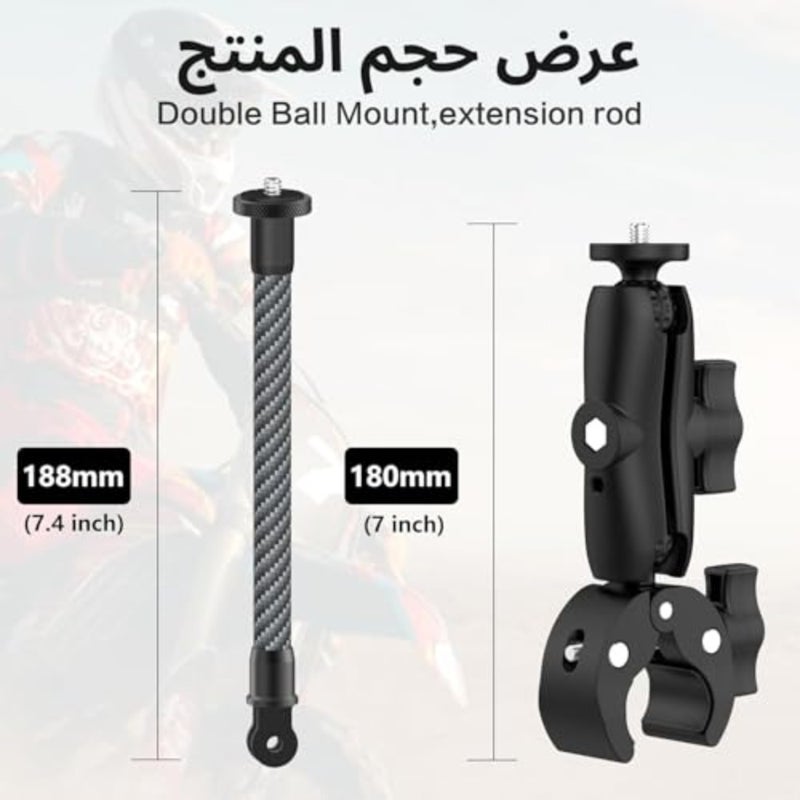 مجموعة أدوات تثبيت كاميرا الدراجة النارية متوافقة مع Insta 360 ONE X 5، X4، X3، X2، تتضمن قضيب تمديد بمشبك مقود كروي 360 درجة وخوذة حامل لاصق مرن - Image 4