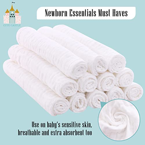Cute Castle 24 Pack Muslin Baby Burp Cloths - Ultra-Soft 100% Cotton Baby Washcloths - Large 20'' by 10'' Super Absorbent Milk Spit Up Rags - Burpy Cloths for Unisex, Boy, Girl - White - Image 5