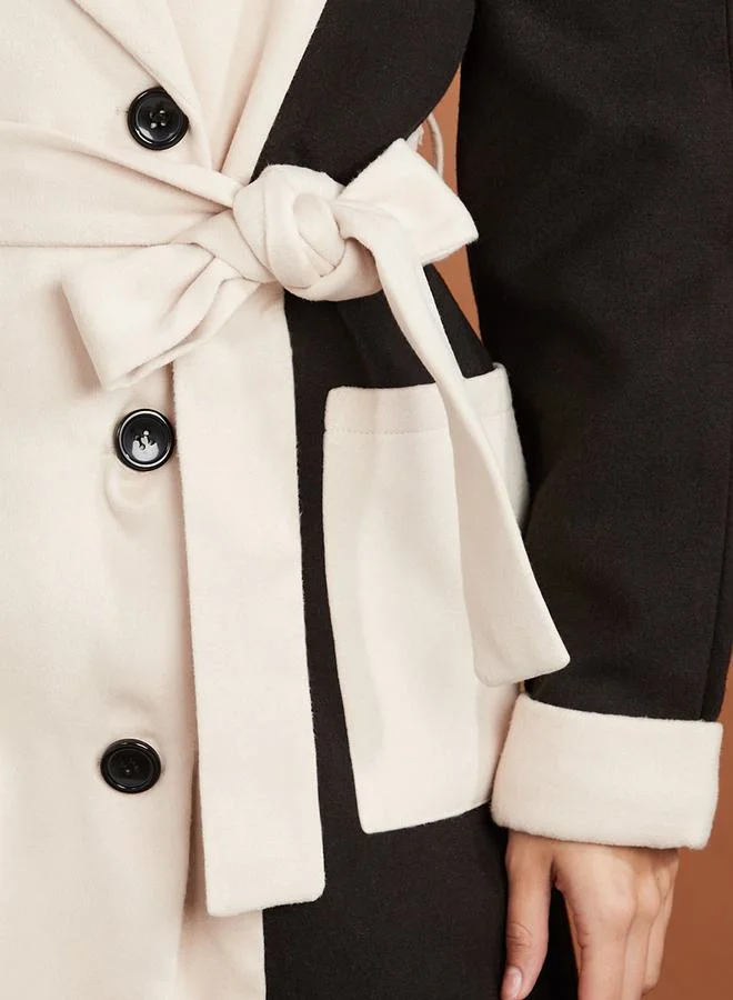 Styli Regular Length Colorblock Double Breasted Knee Length Coat with Self Belt