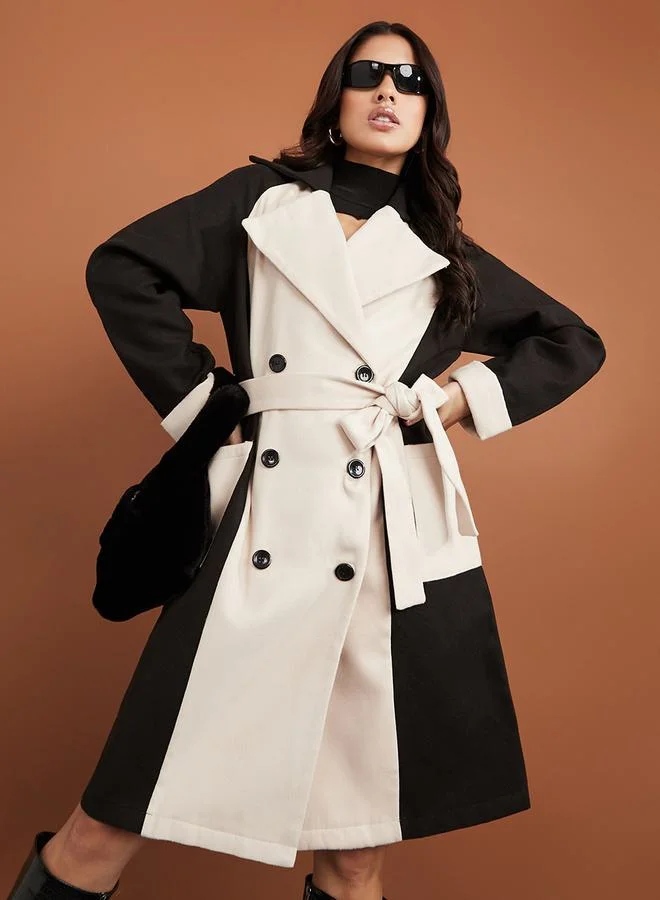 Styli Regular Length Colorblock Double Breasted Knee Length Coat with Self Belt