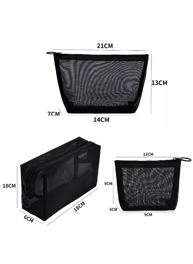 3 Piece Mesh Cosmetic Bag Mesh Makeup Bag with Zipper Pouch Travel Toiletry for Makeup Organizer Home Office Travel Accessories,Black - Image 2