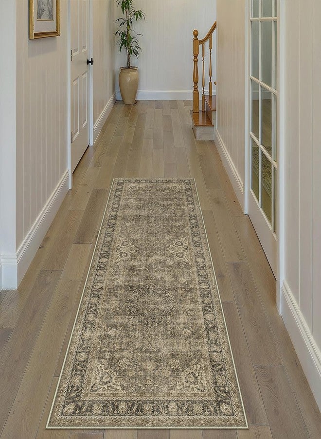 WondRg 2x6 Washable Brown Runner Rug Vintage Hallway Kitchen Carpet Non-Slip Soft Low Pile Distressed Throw Rug for Bedroom Bathroom Laundry Living Room - Image 1