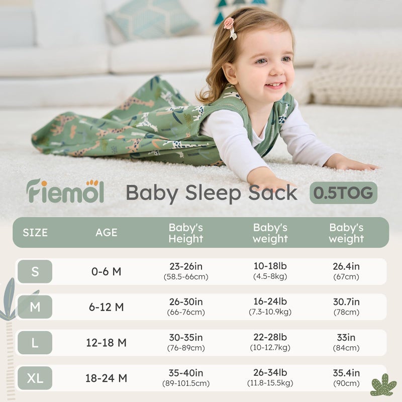 FIEMOL Baby Sleep Sack 0-6 months, 100% Cotton Sleeping Sack for Newborn and Infant, 3 Pack Baby Wearable Blanket for Boy and Girl, 0.5 Tog Lightweight Double Zipper Sleep Bag Green Brown Giraffe - Image 3