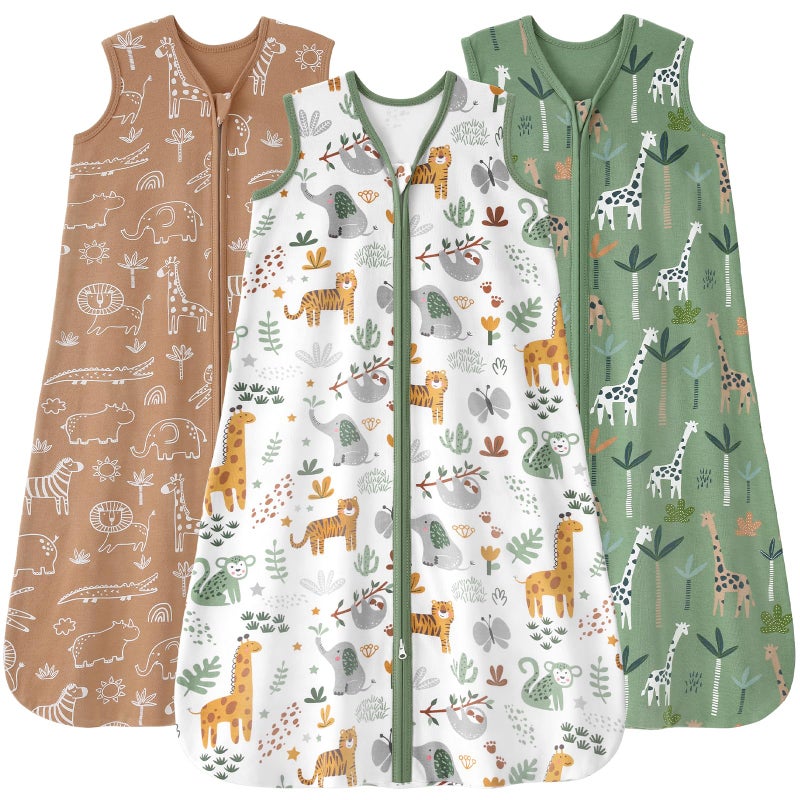 FIEMOL Baby Sleep Sack 0-6 months, 100% Cotton Sleeping Sack for Newborn and Infant, 3 Pack Baby Wearable Blanket for Boy and Girl, 0.5 Tog Lightweight Double Zipper Sleep Bag Green Brown Giraffe - Image 1