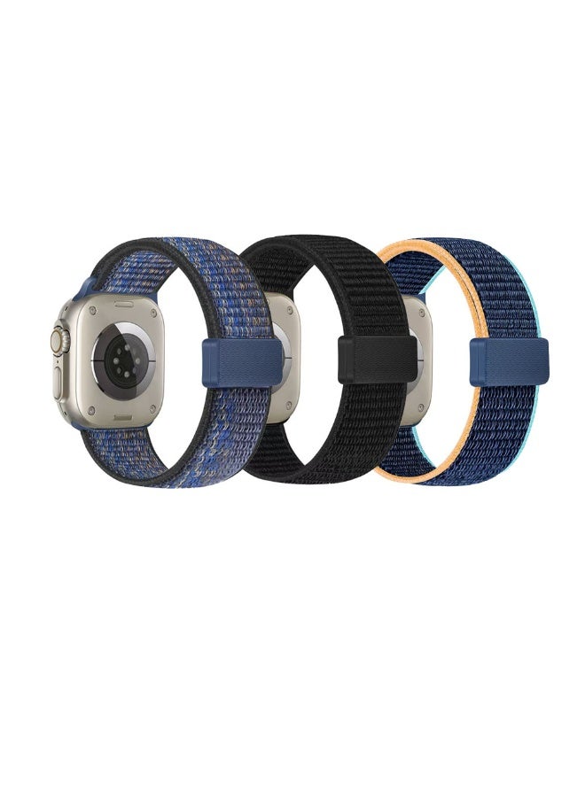 دكينج 3 قطع من أحزمة الاستبدال المغناطيسية من النايلون لساعة آبل iWatch Series 11 10 بحجم 46 مم، المتوافقة مع أحزمة iWatch بحجم 42 مم/44 مم/45 مم/46 مم/49 مم، مناسبة لسلسلة iWatch 1 2 3 4 5 6 7 8 9 10 Ultra 3/2 -1 2 3 SE 3/2 بلون أزرق-برتقالي/أسود/أزرق داكن.