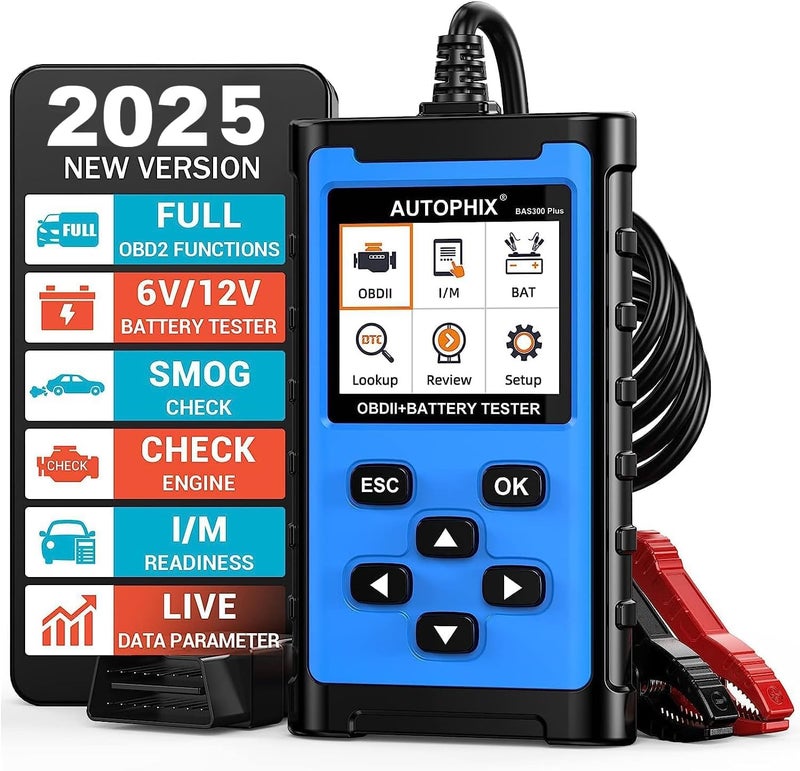 AUTOPHIX BAS300 Plus OBD2 Scanner Battery TesterUpgrade of BAS100 2in1 Car Diagnostic Tool 12V 1002000 CCA Battery Charging Cranking Test Check Engine Light Car Code Reader for All US Cars