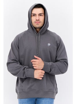 Men Hooded Embroidered Logo Long Sleeves Hoodies, Grey