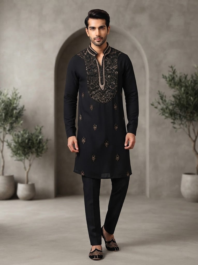 VINY Black 2-Piece Sequin Embellished Kurta Pant Set – Men's Indian Ethnic Wear - Image 1