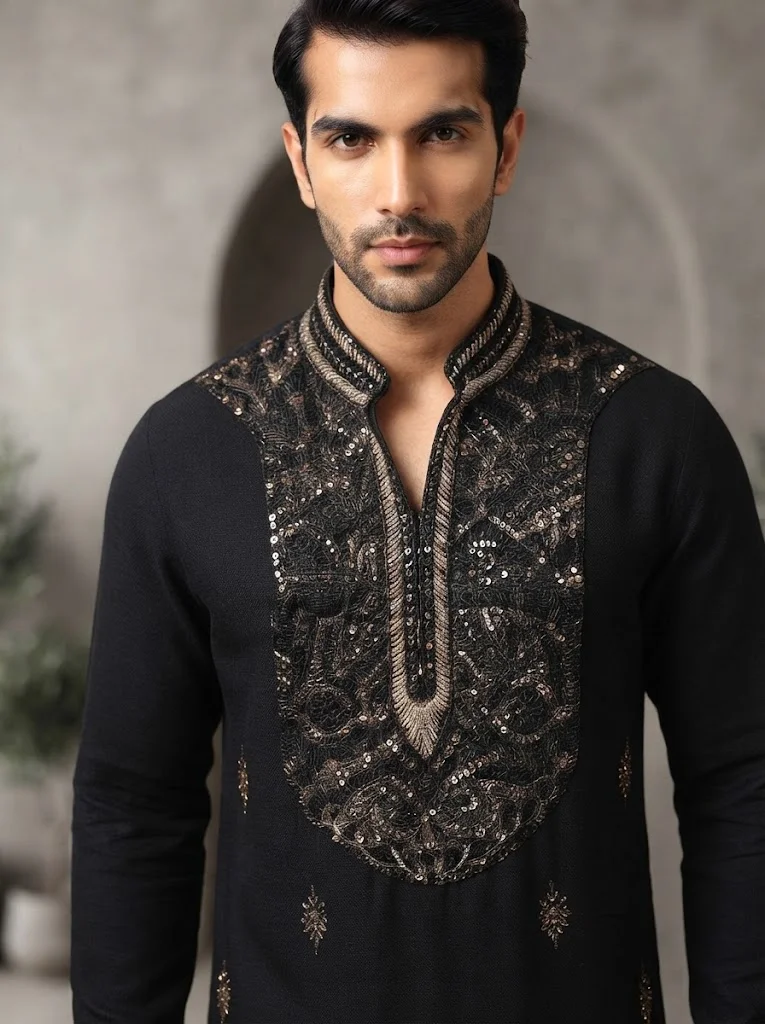 Viny VINY Black 2-Piece Sequin Embellished Kurta Pant Set – Men's Indian Ethnic Wear