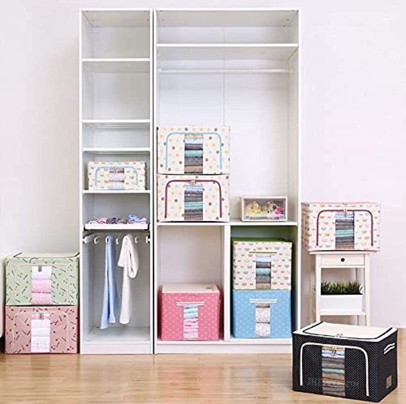 JHEPCOIN Fabric Foldable Box Steel Frame Collapsible Wardrobe Storage Organizer Bag for Blanket Quilt Clothes Kids Dress Garment Shirt Saree - 66L (Random Color) - Image 2