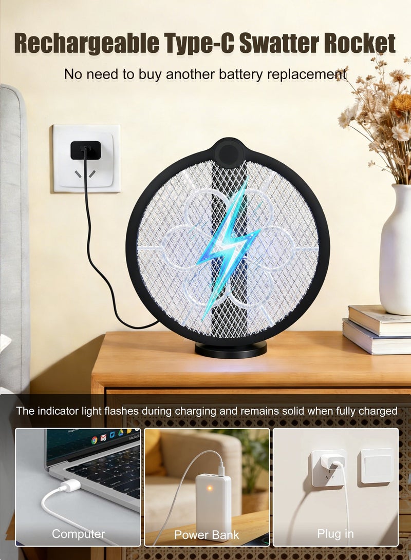 أنيوي مضرب البعوض الإلكتروني 3 في 1، تصميم قابل للطي مع شحن USB وضوء LED لجذب الحشرات، شبكة حماية ثلاثية الطبقات، مناسب للاستخدام في المنزل والمطبخ والداخل والخارج (أسود) - Image 3