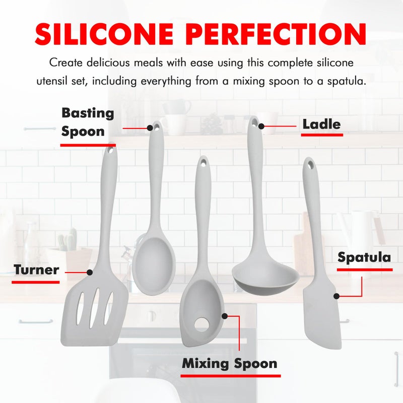 Chef Craft Premium Silicone Kitchen Tool and Utensil, 5 Piece Set, Gray - Image 4