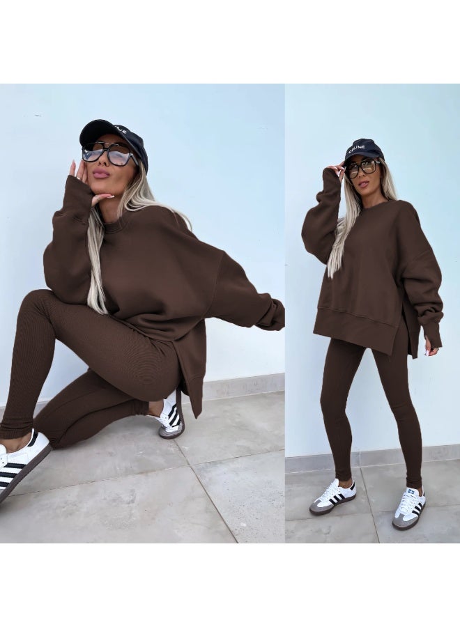 NIBEMINENT Women Sweatshirt 2 Piece Set Loose Casual Pullovers  Slit O-neck Tops Yoga Ribbed Leggings Fashion Street Outfits - Image 1