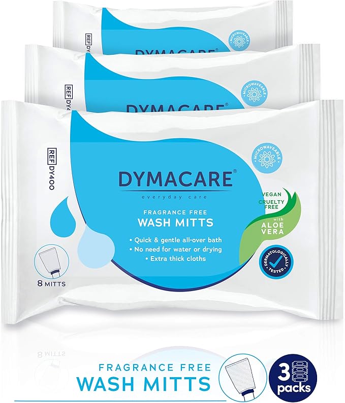 Dymacare FragranceFree Wash Mitts Rinse Free Microwaveable Adult Bed Bath Wet Wash Gloves with Aloe Vera Latex Lanolin and Alcohol Free 10 Packs 80 mitts in total