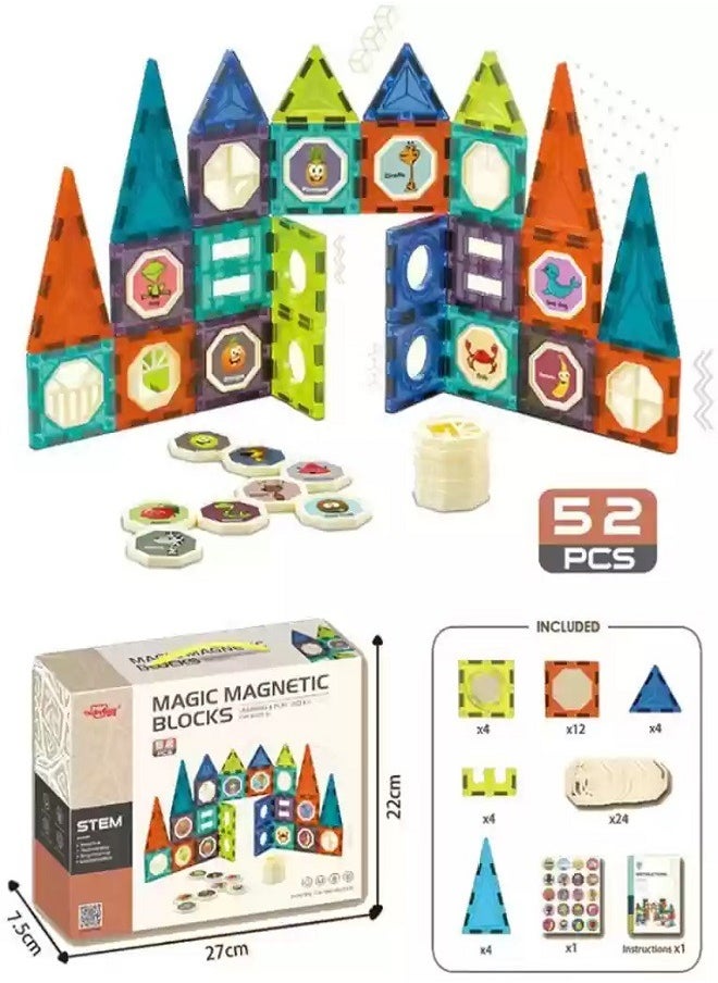 3D magnetic building blocks for children of 52 pieces, fun and educational games for children boys and girls from 3-10 years old (multicolored) (light magnetic cube 52 pieces)  - Image 2