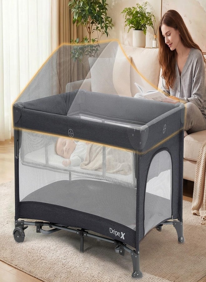 Dripex 5 in 1 Baby Bassinet, 2-Level Height Bedside Bassinet, Storage Pocket & Breathable Mesh - Foldable Portable Bedside Crib for 0 to 12 Months, Dark Grey - Image 1