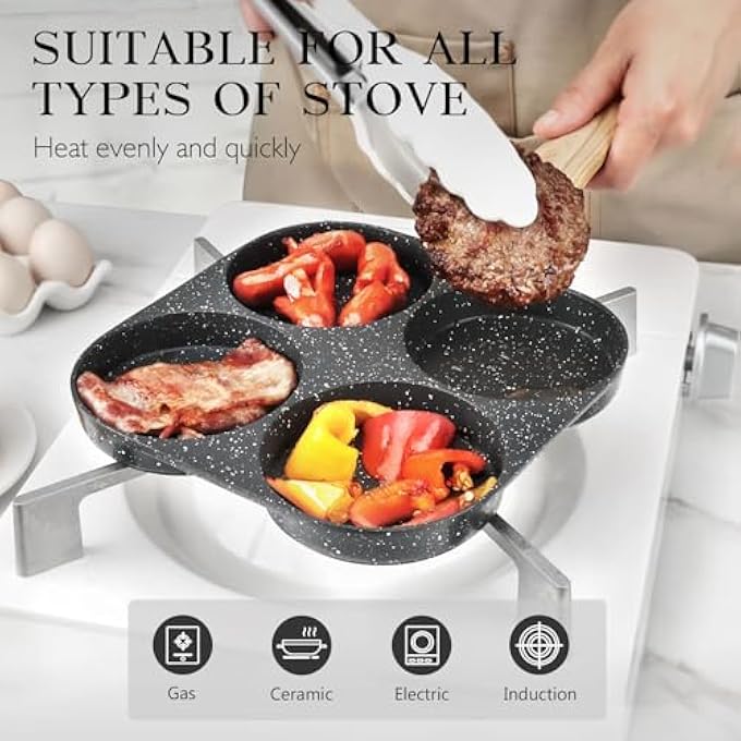 GIPP Non Stick Egg Pan  Section Breakfast Frying Pan Grill Pan With HeatResistant Handle Omelette Pan Compatible With All Stovetops Pfoa Free Gray 4Cup Egg Pan - Image 3