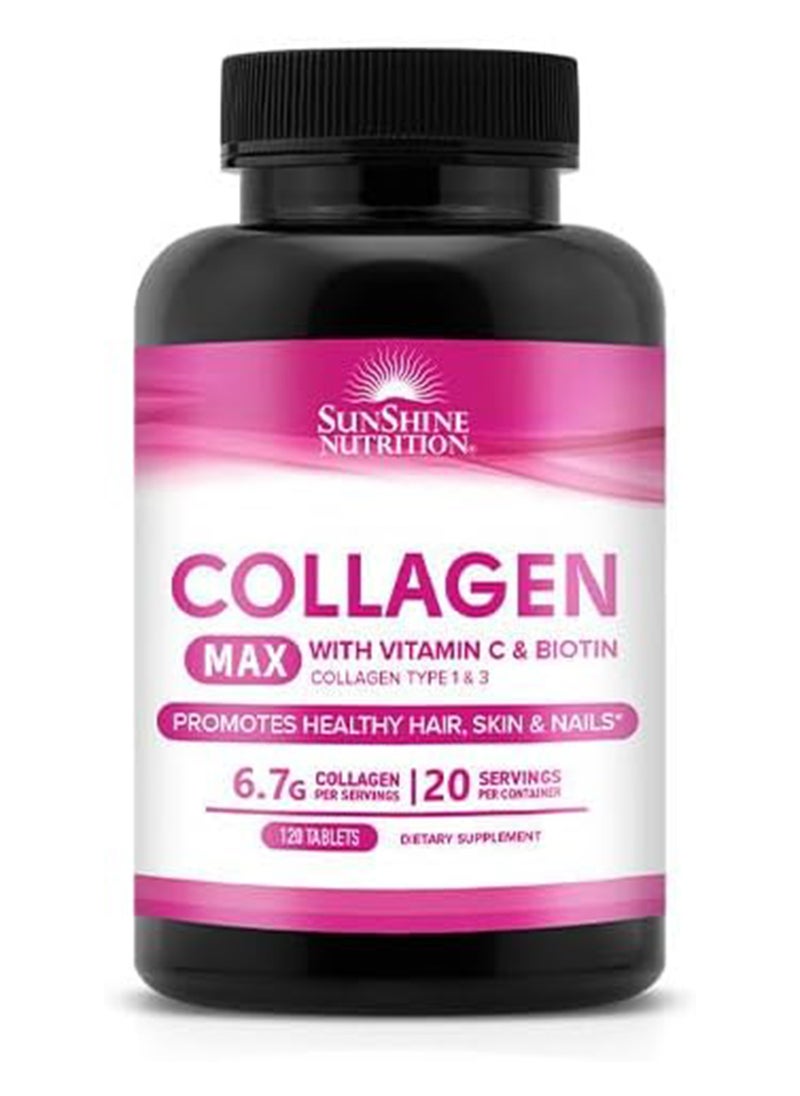 SUNSHINE NUTRITION - Collagen Max Tablets With Vitamin C & Biotin I Collagen Type 1&3 Promotes Healthy Hair, Skin And Nails 120 Tablets - Image 1