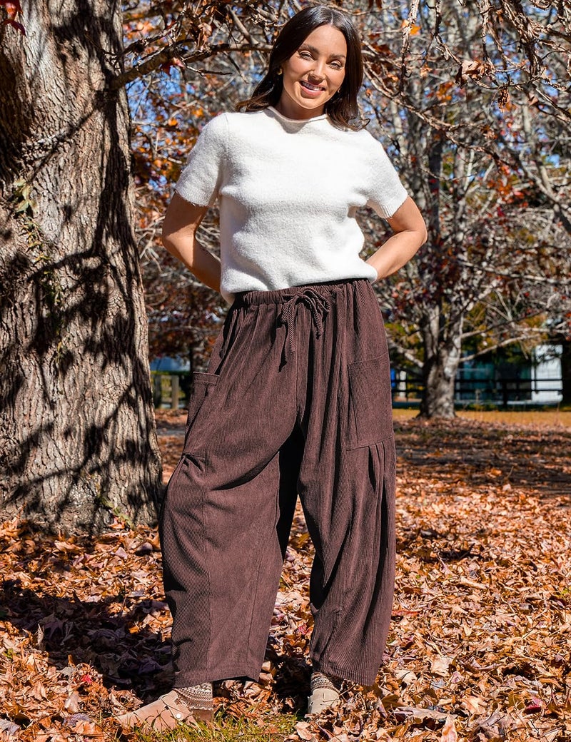 TARSE Womens Corduroy Barrel Pants Casual Loose Elastic Waist Drawstring Travel Vacation Palazzo Harem Pants with Pockets, DarkCoffee, S - Image 4