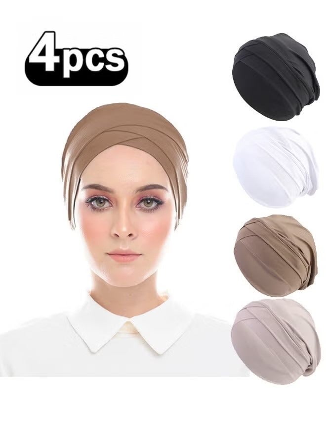 Ocean 4 Pieces Turbans for Women Soft Turban Head Wrap Pleated Beanie Cap - Image 1