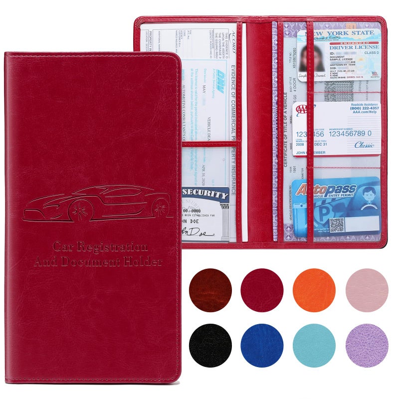 Peisicne Car Registration and Insurance Card Holder for Women Men, Red Glove Box Paperwork Organizer with Magnetic Buckle for Easy Access and Protect Documents and Various Cards in Vehicle - Image 1
