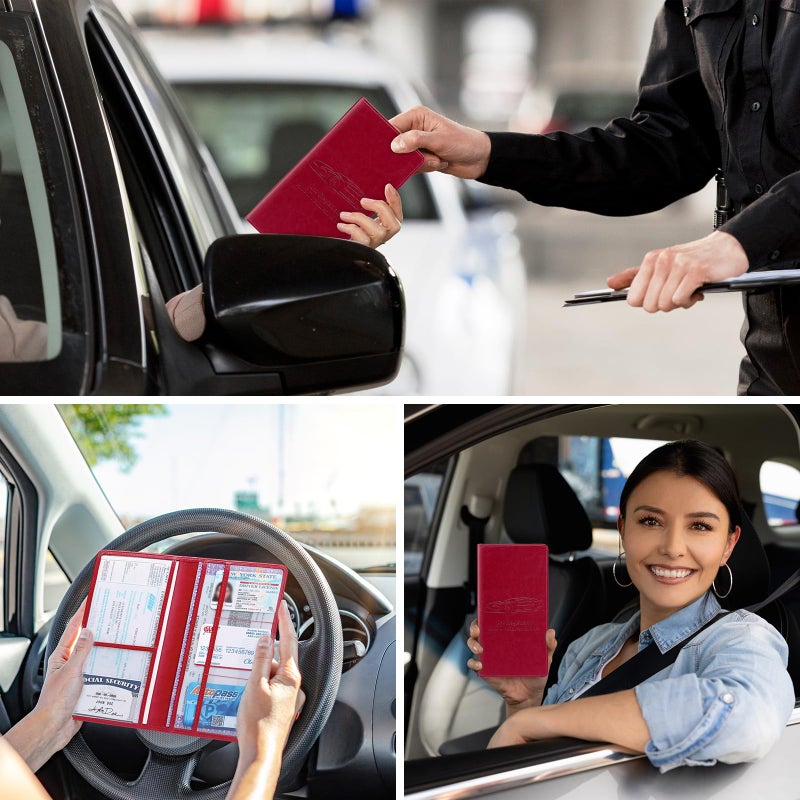 Peisicne Car Registration and Insurance Card Holder for Women Men, Red Glove Box Paperwork Organizer with Magnetic Buckle for Easy Access and Protect Documents and Various Cards in Vehicle - Image 2