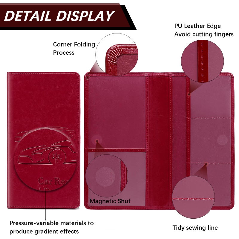 Peisicne Car Registration and Insurance Card Holder for Women Men, Red Glove Box Paperwork Organizer with Magnetic Buckle for Easy Access and Protect Documents and Various Cards in Vehicle - Image 5
