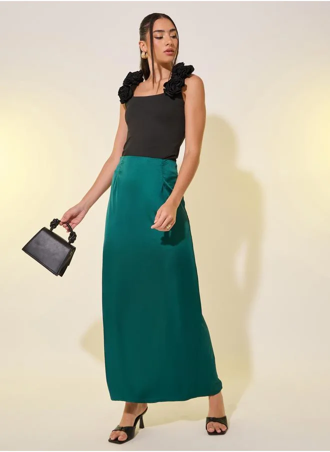 Styli Solid Mid Rise Satin Maxi Skirt