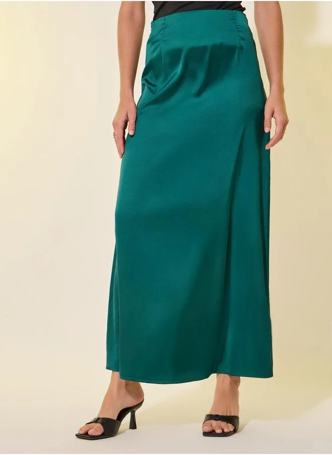 Styli Solid Mid Rise Satin Maxi Skirt