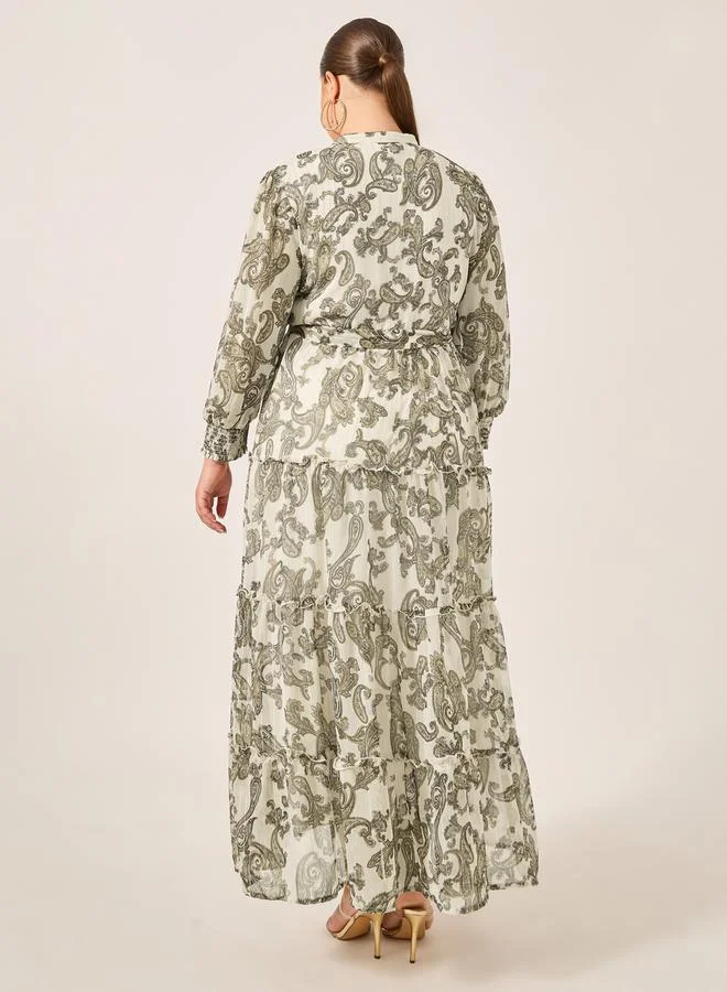 ستايلي Styli Plus Size Paisley Print Long Sleeves Tiered Maxi Dress