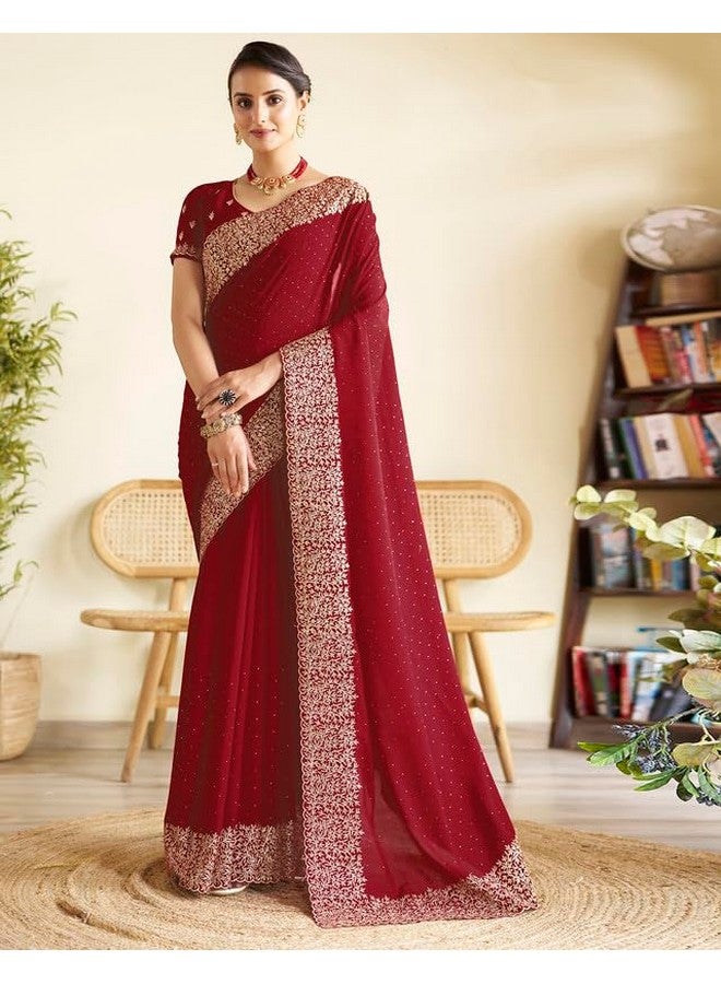 SIRIL Women's Vichitra Silk Hot Fixing Embroidery Border Saree With Unstitched Blouse Piece (3614S152_Red) - Image 2
