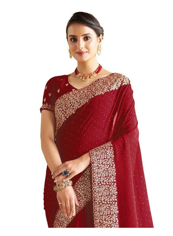 SIRIL Women's Vichitra Silk Hot Fixing Embroidery Border Saree With Unstitched Blouse Piece (3614S152_Red) - Image 1