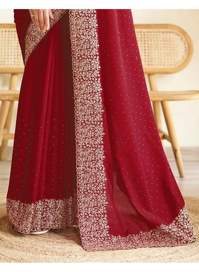 SIRIL Women's Vichitra Silk Hot Fixing Embroidery Border Saree With Unstitched Blouse Piece (3614S152_Red) - Image 4