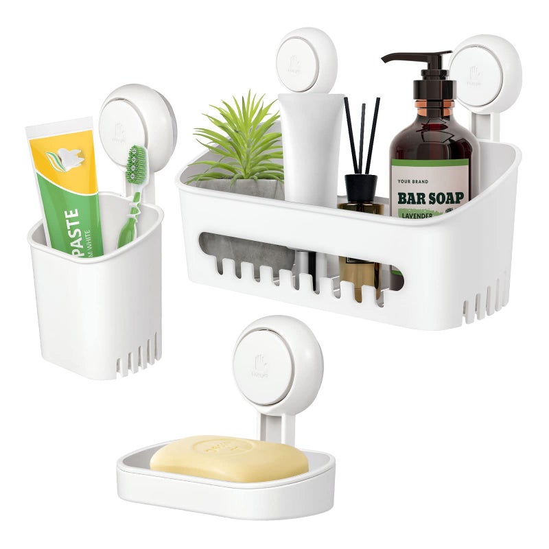 Uten Bathroom Suction Cup Shower Shelf 3in1 Wall Mounted Shower Basket Toothbrush Holder No Drill Hanging Rack Removable Shower Caddy Toilet Storage Rack Organizer