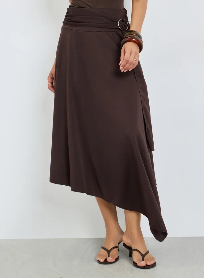 Styli Brown Asymmetric Midi Skirt with O-Ring Detail