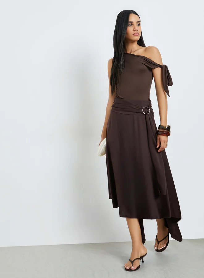 Styli Brown Asymmetric Midi Skirt with O-Ring Detail