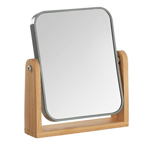 YEAKE Double Sided 3X Magnifying Makeup Mirror with Bamboo StandSmall Desk Table Mirror with 360 RotationStanding Portable Cosmetic MirrorGood for ShowerShaving and TravelingGrey