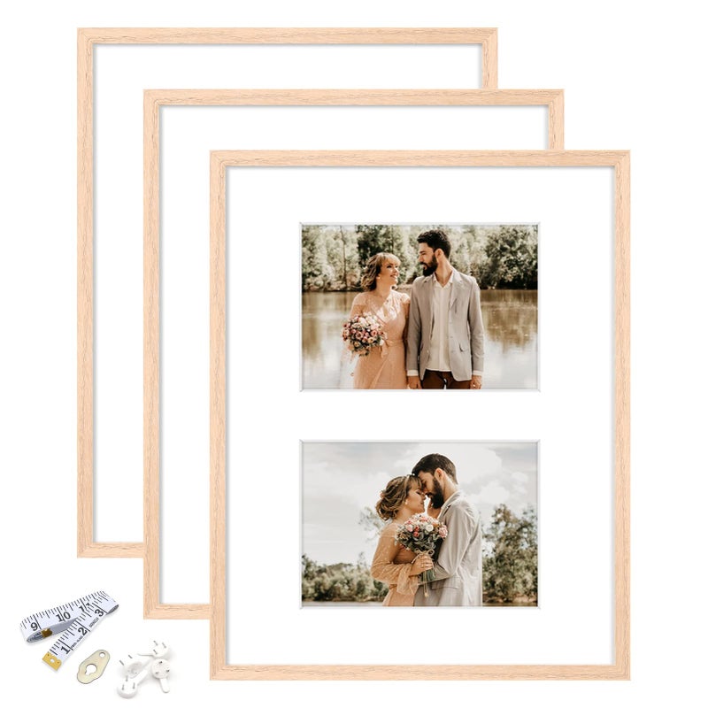 ATOBART 11x14 Picture Frame OAK Wood Photo Frame 8x10 with Mat or 5x7 with 2 Mat with Perspex Glass for Vertical or Horizontal Tabletop Wall Display for Photo Painting Poster Set of 3