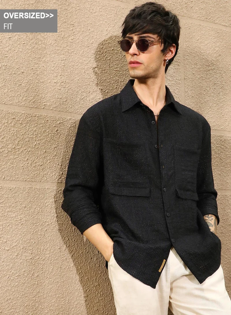 Campus Sutra Campus Sutra Men's Midnight Black Straw-Tactile Utility Oversized Shirt For Casual Wear | Spread Collar | Long Sleeve | Button Closure | Oversized Shirt Crafted With Comfort Fit For Everyday Wear