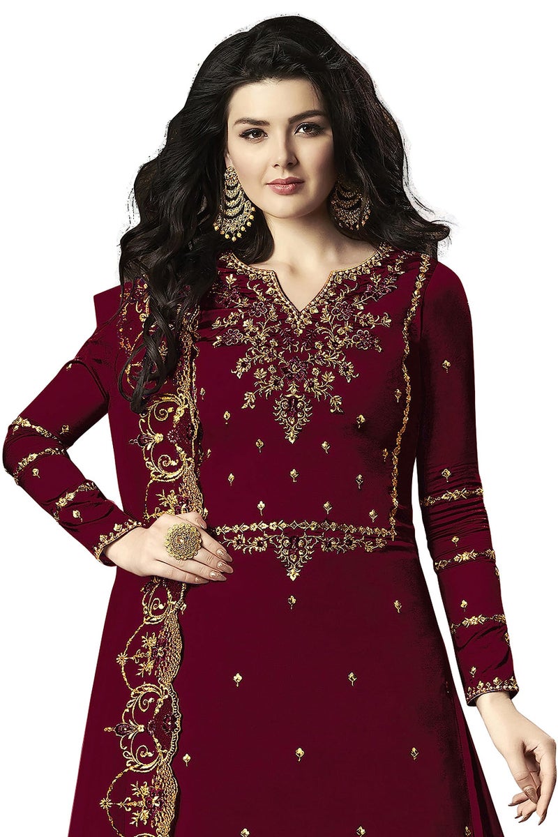THE 9192 Women's Semi Stitched Embroidered Kurta Sharara Set Heavy Work Georgette Kurta Sharara Dupatta Set (Purple) - Image 2