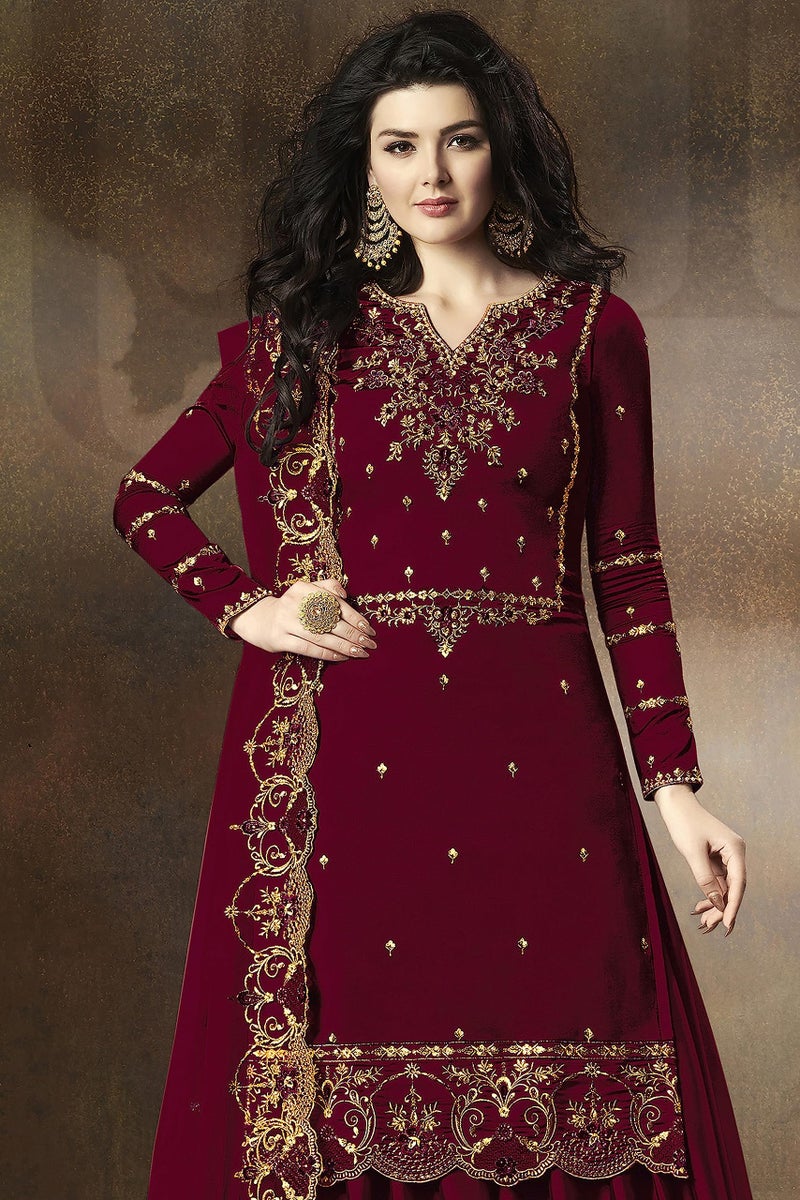 THE 9192 Women's Semi Stitched Embroidered Kurta Sharara Set Heavy Work Georgette Kurta Sharara Dupatta Set (Purple) - Image 5