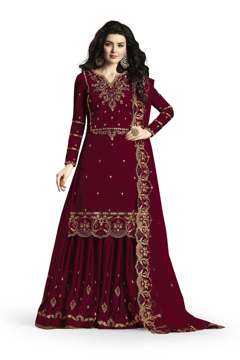 THE 9192 Women's Semi Stitched Embroidered Kurta Sharara Set Heavy Work Georgette Kurta Sharara Dupatta Set (Purple) - Image 1