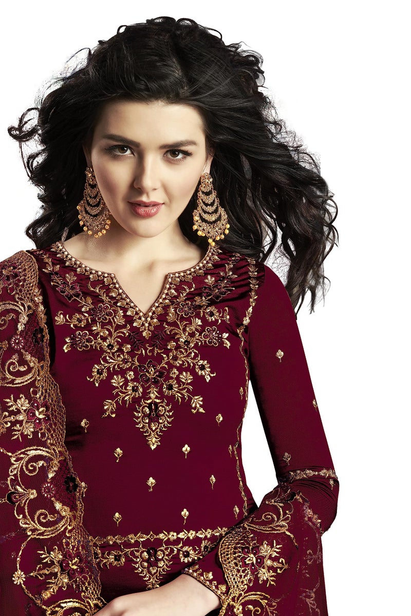THE 9192 Women's Semi Stitched Embroidered Kurta Sharara Set Heavy Work Georgette Kurta Sharara Dupatta Set (Purple) - Image 3