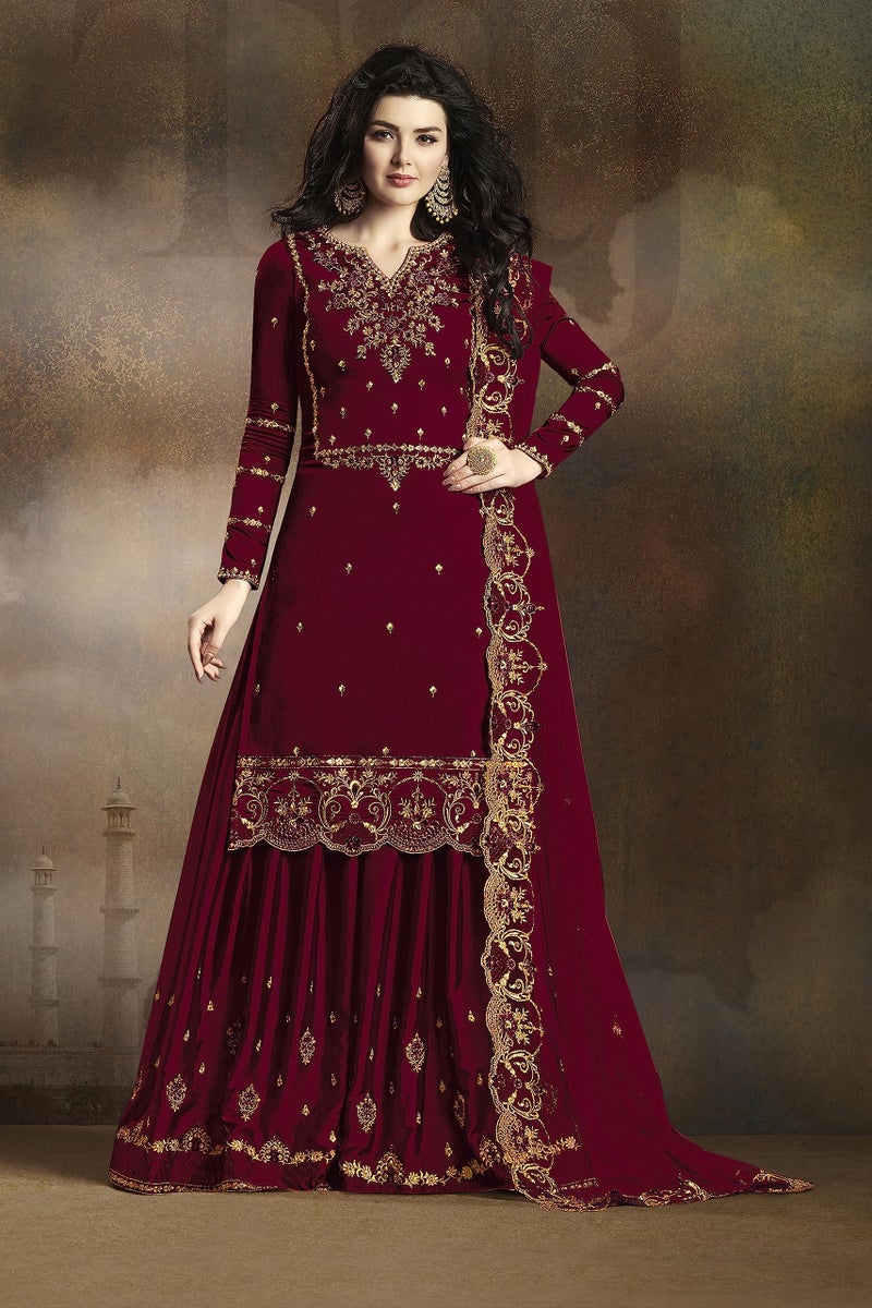 THE 9192 Women's Semi Stitched Embroidered Kurta Sharara Set Heavy Work Georgette Kurta Sharara Dupatta Set (Purple) - Image 4