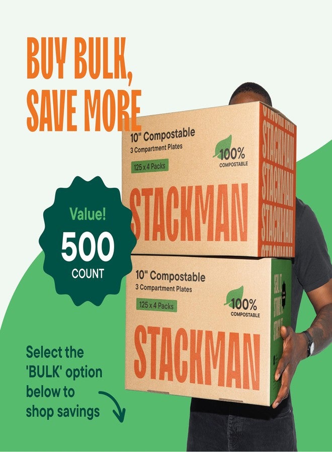 Stack Man Compostable Paper Plates [10 Inch-125-Pack] 3 Compartment Disposable Plates Heavy-Duty Quality,Natural Bagasse Eco-Friendly Made Of Sugar Cane&Wheat Straw Fibers,10" Biodegradable Plates - Image 5