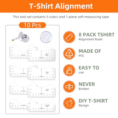 MFJUNS 10 PCS T-Shirt Ruler Guide - Tshirt Measurement Tools for Children Youth Adult, V-Neck/Round PVC Rule Rulers Designs Heat Press Accessories for Vinyl Alignment, Heat Press - Image 3