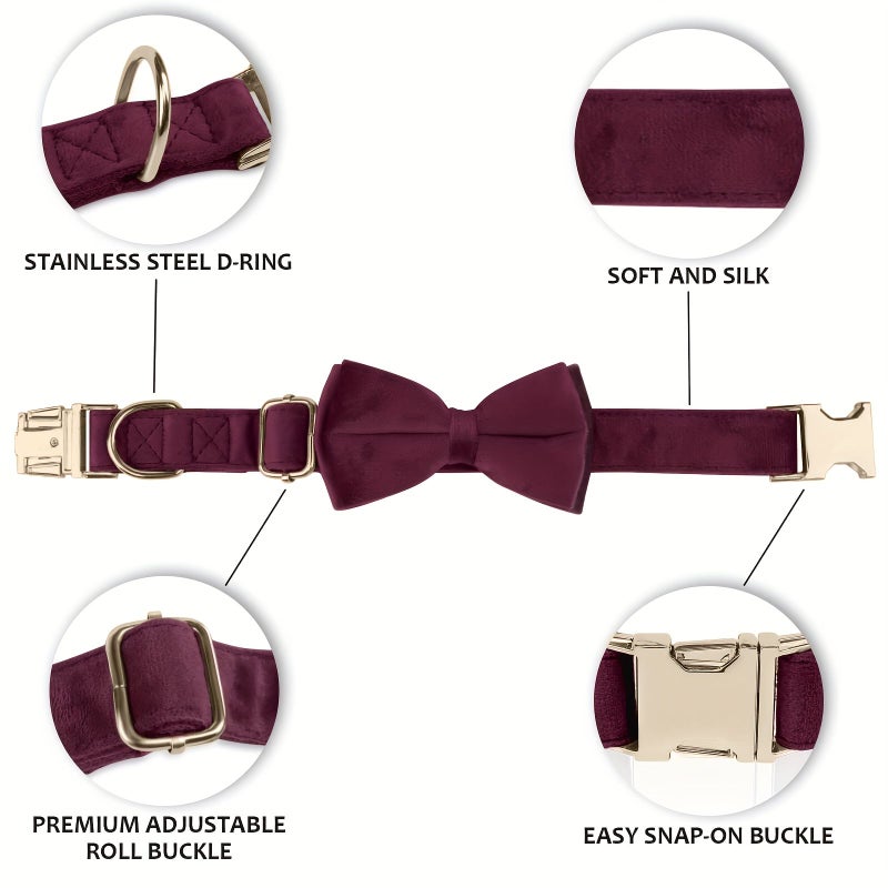 طوق مخملي وردي غامق مع ربطة عنق قابل للتعديل ناعم للقطط والكلاب - Image 3
